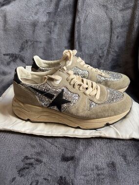 Golden Goose running soles with silver sparkles and dove grey